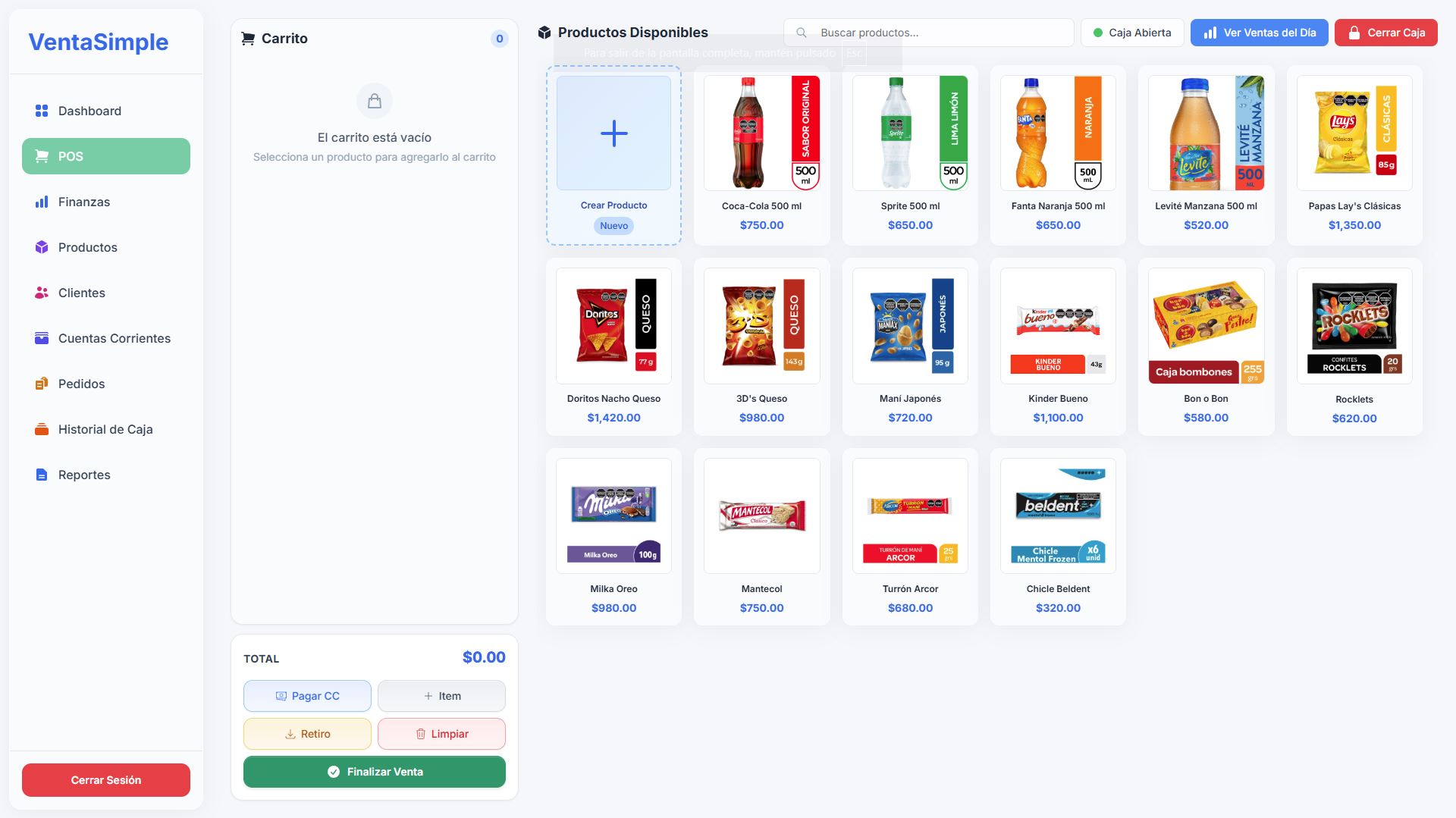 Pantalla principal del POS VentaSimple con productos, totales y formas de pago